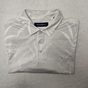 Tommy Bahama Polo Shirt Mens XL Gray Palm Print Pima Cotton Knit Tropical Beach